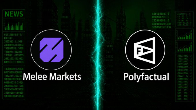 A promotional graphic featuring the logos of "Melee Markets" and "Polyfactual" divided by a glowing green lightning bolt against a dark, data-filled background, advertising an upcoming X stream about Melee Markets, currently the largest prediction market on Solana.