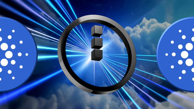 The image displays a stylized graphic featuring the Cardano ($ADA) logo on both sides with a central circular emblem containing three stacked cubes, set against a backdrop of blue light rays radiating through clouds. The central symbol and cosmic backdrop symbolize Midnight Foundation's emergence as a new partner chain on Cardano, visually representing the launch of $NIGHT and its mission to bring privacy to the broader blockchain ecosystem.