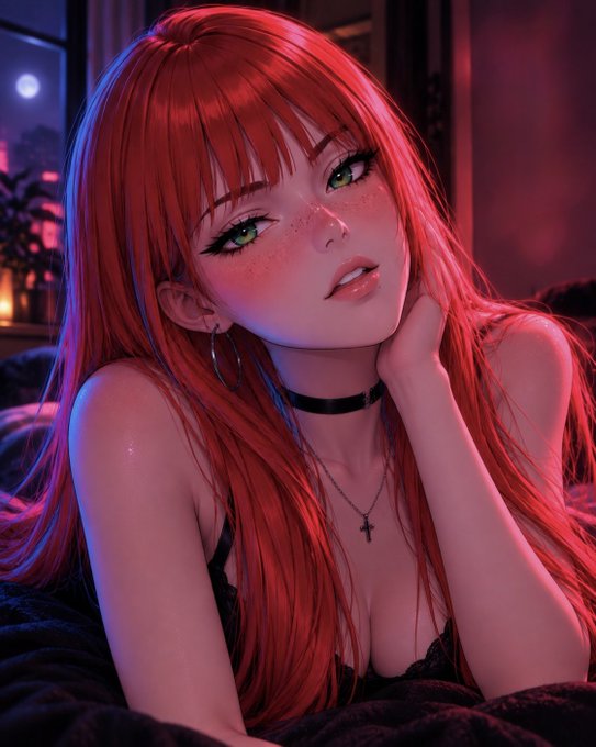 An anime-style illustration of a red-haired woman with green eyes, wearing a black choker and lace top, resting her chin on her hand in a moody, dimly lit room.