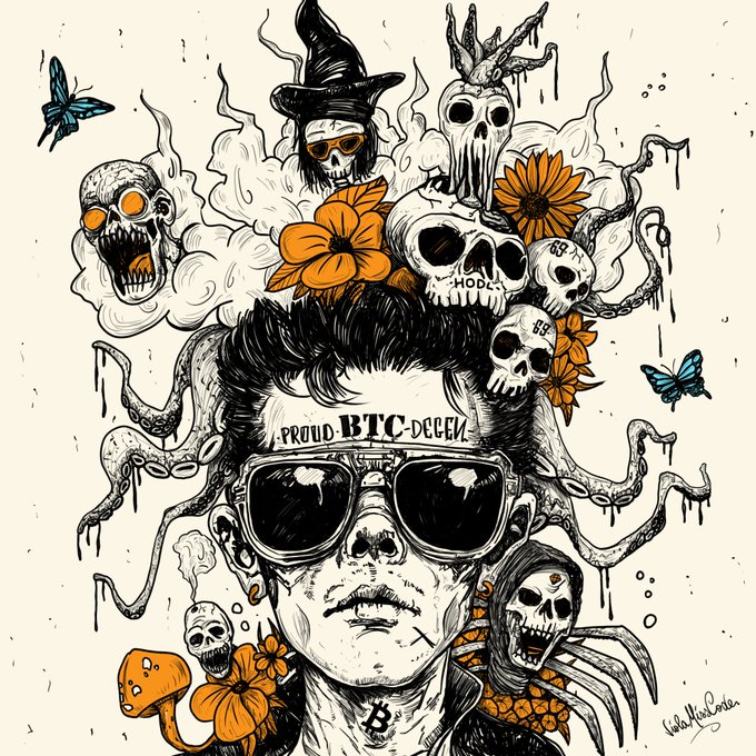 An artistic black and white illustration with orange accents depicting a face with sunglasses, multiple skulls wearing witch and bunny hats, flowers, butterflies, and the text 'PROUD BTC DEFEND'.