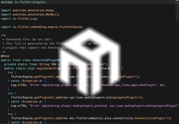 A code editor window showing Java code for a Flutter GeneratedPluginRegistrant class, with a white cube logo overlay.