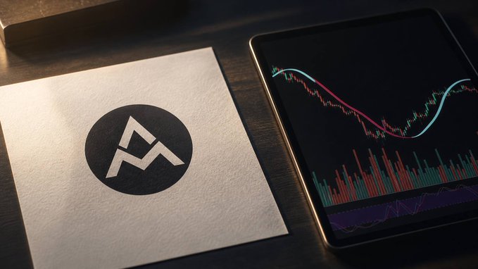 A piece of paper with the "MyAlgoTech" (MAT) logo sits beside a tablet displaying a candlestick trading chart with dynamic trend lines and volume bars, visually reinforcing the post's message about adaptive, real-time trading technology.
