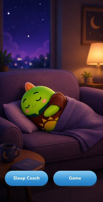 A green cartoon character sleeps snugly under a blanket on a cozy purple couch, with a starry night sky visible through the window. Two buttons at the bottom read "Sleep Coach" and "Game," tying into the post's message of "Sleep to earn!" by linking rest with rewards.