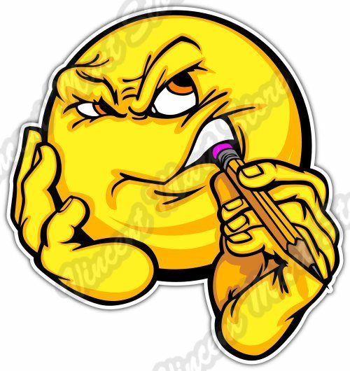A classic yellow smiley face sticker holds a pencil in its hand and looks thoughtful with a furrowed brow.