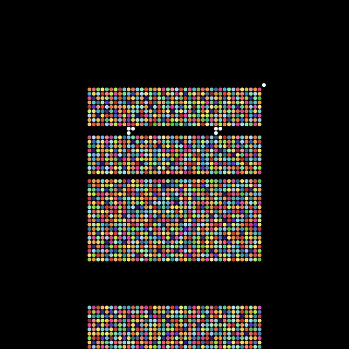 A pattern of multicolored small dots arranged in rectangular blocks on a black background, resembling a stylized character or symbol.