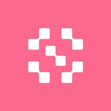 A white geometric logo resembling a stylized plus sign or four corner brackets on a bright pink background.