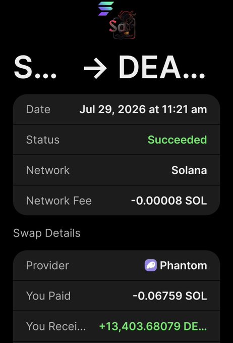 A mobile cryptocurrency swap confirmation screen showing a successful swap of approximately 0.06759 SOL for 13,403.68079 DEA tokens on the Solana network via Phantom, dated July 29, 2026 at 11:21 am.
