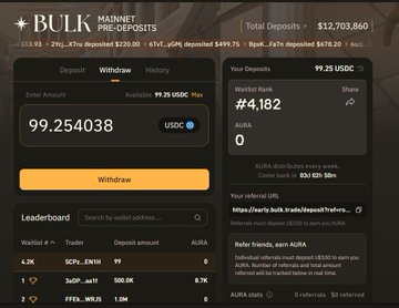 The image shows a trading dashboard on @bulktrade with various trading options displayed. A prominent feature of this dashboard is the "BULK" section that represents bulk transactions, and the "Pre-deposits" section showing pre-deposit details such as fees and amounts. The image also contains information about how to start earning AURA points through these transactions. The overall design suggests a focused user experience with clear, easy-to-read information for potential users of @bulktrade.