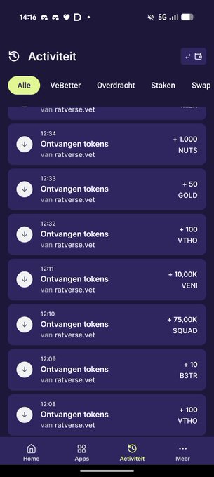 A mobile screenshot of a VeChain activity page showing multiple received token transactions (NUTS, GOLD, VTHO, VENI, SQUAD, B3TR) from ratverse.vet.