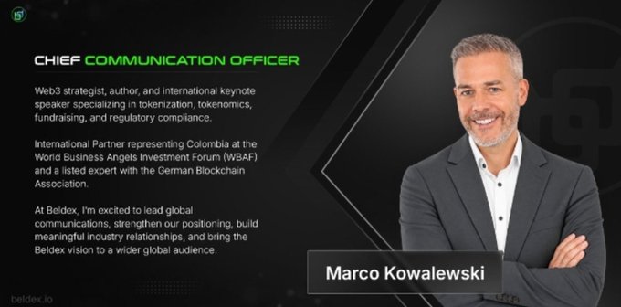 A professional profile slide for 'Marco Kowalewski,' Chief Communication Officer, describing him as a Web3 strategist and international keynote speaker associated with Beldex, beldex.io.