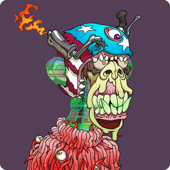 Colorful cartoon-style illustration of a menacing character wearing an American flag-themed helmet/bandana, with exposed teeth, flame effects, and pink tentacle-like base.