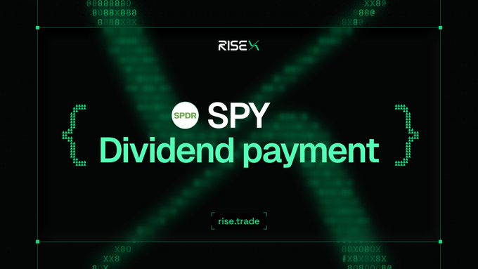 A digital graphic displays the text 'RISE', 'SPDR SPY Dividend payment', and 'rise.trade' over a dark background with green code-like patterns.