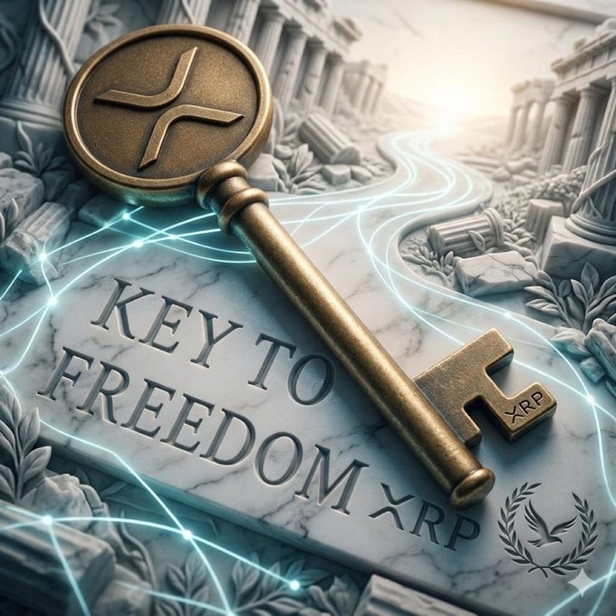 A stylized image featuring a bronze key with the XRP/Ripple logo resting on a marble surface engraved with 'KEY TO FREEDOM XRP,' set against ancient columns and glowing energy lines.