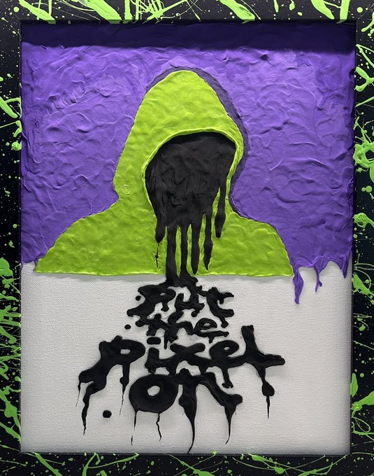 A textured physical artwork on canvas features a lime green and purple triangular figure with black dripping paint forming the text "Shoot the Pixelord," directly referencing the pixel-art style of the NFT artist Pixelord as noted in the post.