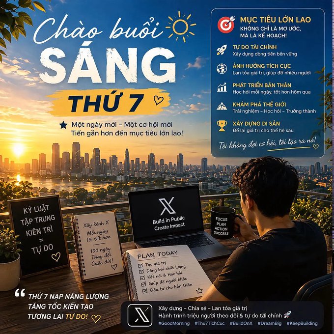 A Vietnamese motivational graphic titled 'Chào buổi sáng THỨ 7' (Good Morning Saturday) featuring a man working on a laptop with plans for 'Build in Public, Create Impact' and morning affirmations about goals and discipline.