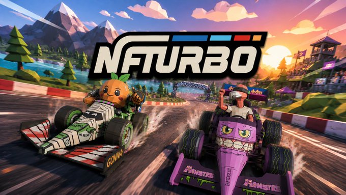 Promotional artwork for 'NATURBO' showing an orange character and a helmeted racer in go-karts speeding along a track with mountains and a sunset in the background.