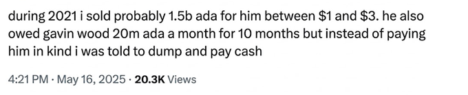 The image shows a text box with information about the CEO of ADA tokens. The text box contains details about the CEO's actions and the value of the tokens he sold, as well as the amount of money he made from them. This information is likely intended for sharing on social media or other platforms to inform people about the CEO's actions and the financial gains associated with his token sales.