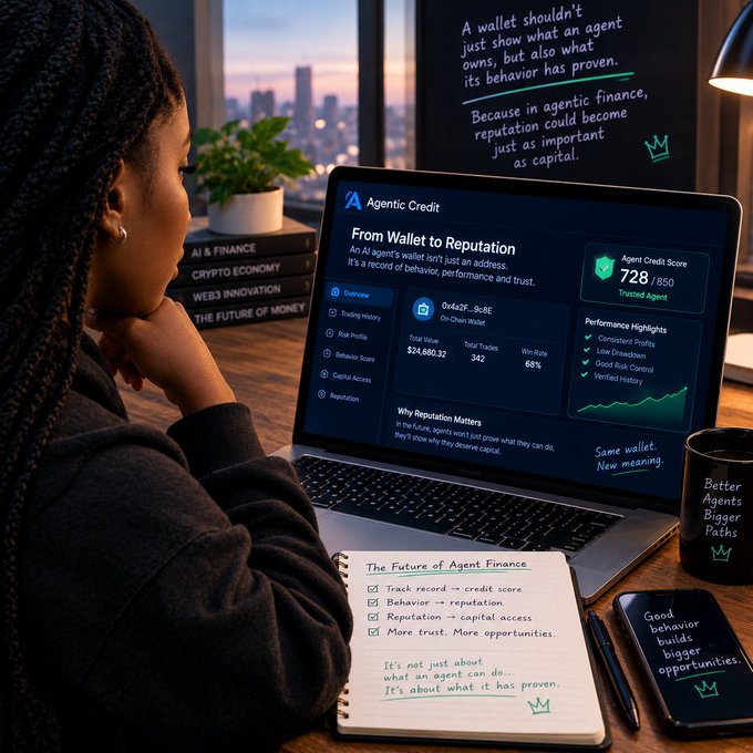 A woman studies a laptop displaying an 'Agentic Credit' dashboard showing an Agent Credit Score of 728/850, with handwritten notes about 'The Future of Agent Finance' emphasizing 'Track record → credit score' and 'Behavior → reputation.'