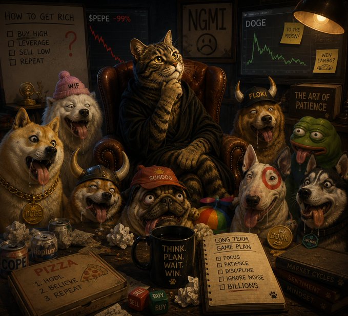 A digital illustration depicting various meme coins/dog breeds gathered around a central cat figure, with visible text including 'HOW TO GET RICH: BUY HIGH, LEVERAGE, SELL LOW, REPEAT,' '$PEPE -99%,' 'NGMI,' 'DOGE,' 'TO THE MOON!,' 'FLOKI,' 'SUNDOG,' 'LONG TERM GAME PLAN: FOCUS, PATIENCE, DISCIPLINE, IGNORE NOISE, BILLIONS,' 'THINK. PLAN. WAIT. WIN.,' and 'PIZZA: 1. HOPI, 2. BELIEVE, 3. REPEAT.'