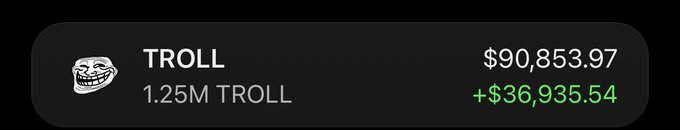 A dark dashboard widget displays TROLL token holdings at 1.25M TROLL, valued at $90,853.97 with a daily gain of +$36,935.54 in green text.