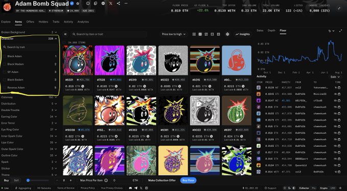 A screenshot of an NFT marketplace interface showing the 'Adam Bomb Squad' collection, with listings and price data including '0.01K ETH' and '32.4K' items.