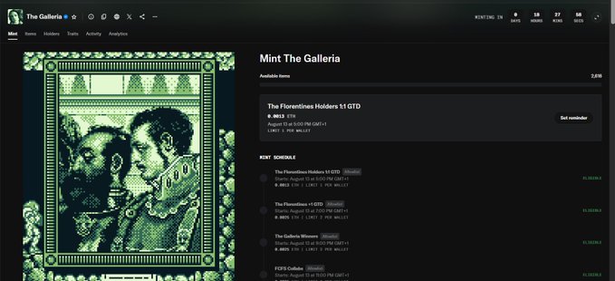 A screenshot of the NFT minting platform "The Galleria" shows the "Mint The Galleria" page with an option to mint "The Florentines Holders S1 GTD" at 0.192 ETH with a wallet limit of 2 per wallet, displaying items like "The Florentines Holders S1 GTD" (0.192 ETH, August 13 at 5:00 PM GMT+1) and "The Florentines GTD" (0.160 ETH) under the Mint Schedule. This relates to the post, which indicates the user's eligibility to mint during the GTD phase by virtue of holding Florentines NFTs.