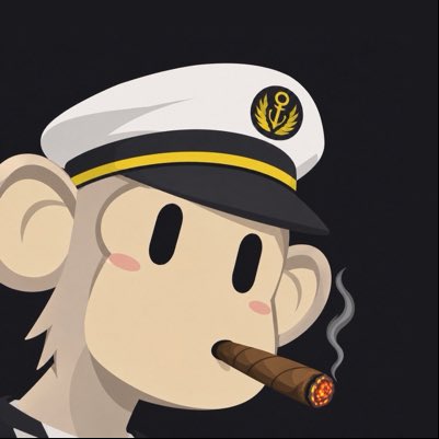 A cartoon illustration of a monkey wearing a white sailor or officer's hat with a gold emblem, smoking a lit cigar.