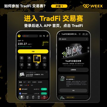 A Chinese-language promotional graphic titled '如何参加 TradFi 交易赛?' (How to participate in the TradFi trading competition?) showing two smartphone screens demonstrating the WEEX app interface for entering the competition.