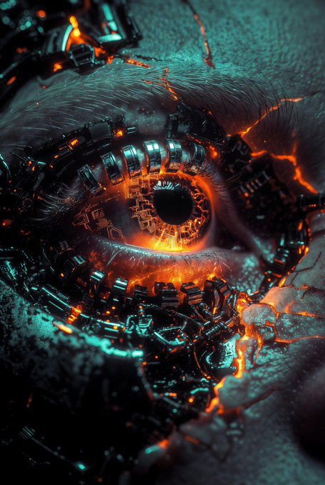 The image features an eye with a face, which has been altered by a machine that emits flames or fire-like elements. The eye appears to be damaged or broken, giving it a distressed appearance. The background of the image is dark blue, providing contrast to the fiery elements on the eye. The caption below the image reads "Cyberpunk night run Just dropped a fresh batch of raw Grok Imagine shots straight from the neon underbelly". This suggests that the image might be related to a post or content about a futuristic or speculative art project involving artificial intelligence and machine learning, possibly exploring themes such as cyborgs, virtual reality, or AI-generated imagery.