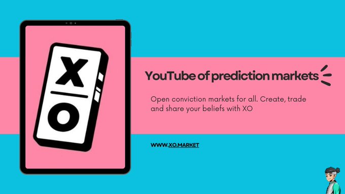A promotional banner for 'XO' with the tagline 'YouTube of prediction markets' on a pink and blue background, describing it as a platform for open conviction markets.