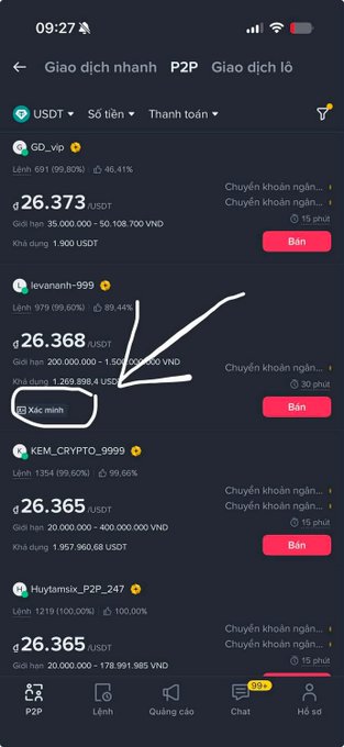 A screenshot of a P2P cryptocurrency trading interface showing USDT/VND buy listings from merchants including "GD_vip," "levanhtn-999," "KEM_CRYPTO_999," and "Huytamsix_P2P_247" at rates around 26,365-26,373 USDT, with a hand-drawn arrow pointing to a circled "Xác minh" (Verify) button. The image illustrates the post's point about new KYC verification requirements now appearing directly when conducting P2P trades with merchants.