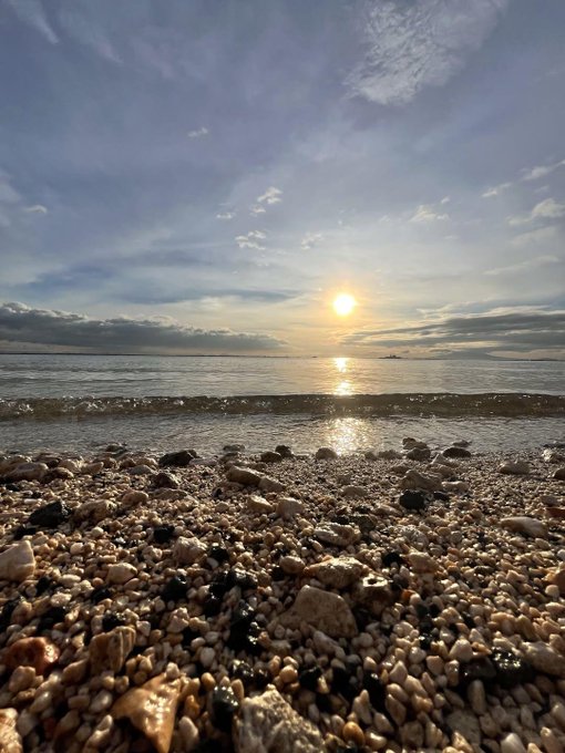 A serene sunset reflects over the calm ocean as gentle waves lap against a pebbled shoreline scattered with seashells, capturing the peaceful close of a day. The warm golden glow pairs perfectly with the warm "Good evening x family." greeting, evoking a tranquil and welcoming end to the day.