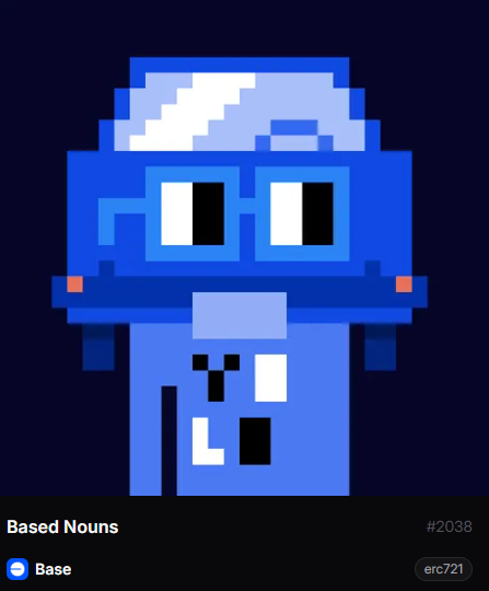 A pixel art NFT titled 'Based Nouns' (#2038, Base, erc721) depicting a blue character wearing glasses and a cap, with a dark blue background.