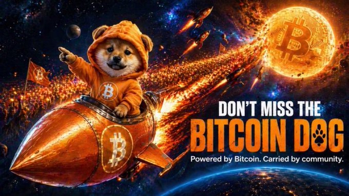 The image features a dog wearing an orange hoodie sitting inside a rocket ship that has Bitcoin written on its side. The caption below the image reads "Don't miss the Bitcoin Dog, powered by Bitcoin carried by community."
