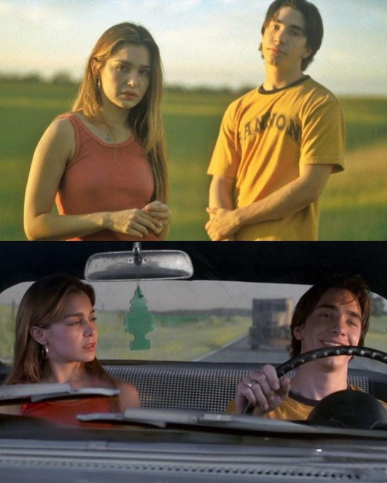 Two cinematic film stills showing a young woman in an orange tank top and a young man in a yellow 'FASHION' t-shirt standing in a field and then sitting in a car.