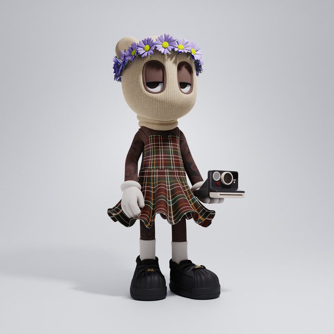 A 3D-rendered character figure wearing a beige balaclava with a flower crown, a plaid dress over brown sleeves, and black shoes, holding a vintage camera.