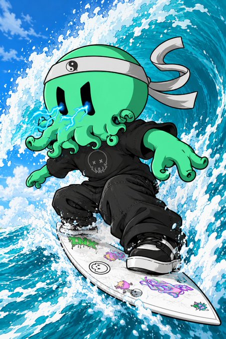 A digital illustration of a green octopus-headed character wearing a yin-yang headband, black ninja-style clothing with a smiley face, and surfing on a wave with a yin-yang surfboard.