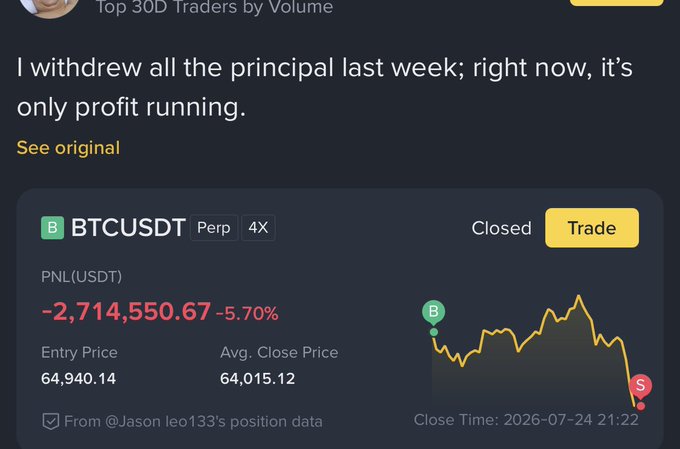 A trading interface screenshot showing a BTCUSDT perpetual position closed with a PNL of -2,714,550.67 (-5.70%), with text reading 'I withdrew all the principal last week; right now, it's only profit running.'