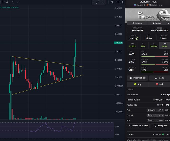 A cryptocurrency trading chart displays the price of BORDER/SOL, showing candlestick patterns with a current price of $0.003003 and a 1M performance gain of 187%.