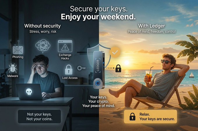 A Ledger cryptocurrency wallet advertisement contrasts 'Without security' (showing stress, phishing, malware, exchange hacks) with 'With Ledger' (depicting peace on a beach), with text 'Secure your keys. Enjoy your weekend.'