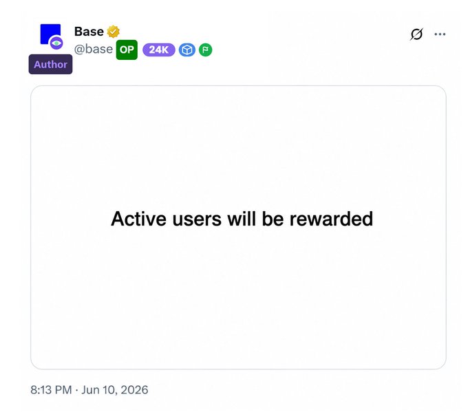 The image features a white square with black text that reads "Active users will be rewarded". The text is written in a block format, which makes it stand out against the white background of the square. The caption also includes an author's name and a date, indicating that this message was posted on social media at 8:13 PM on June 10, 2016.