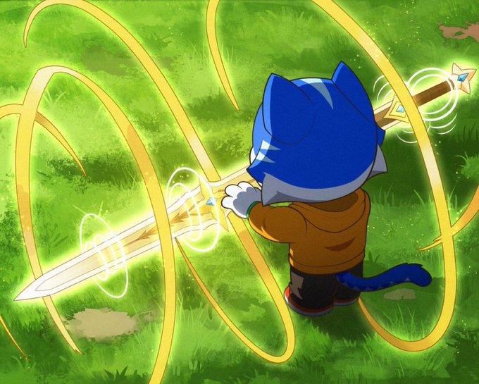 A digital illustration featuring a small character in a blue hooded cloak holding a glowing, ornate sword with yellow energy swirling around it on a grassy green background.