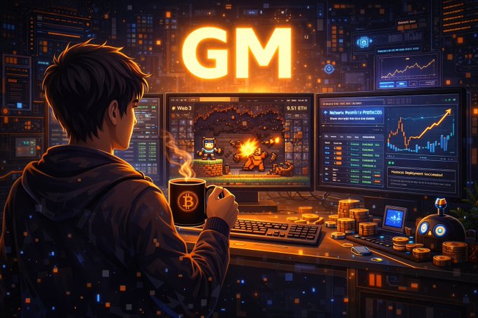 A digital illustration depicts a young man from behind, holding a mug with the Bitcoin "B" symbol, looking at a multi-monitor setup displaying cryptocurrency charts and games, under a large glowing "GM" sign.