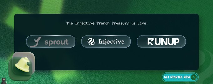 A dark green promotional banner stating 'The Injective Trench Treasury is Live' featuring logos for 'sprout', 'Injective', and 'RUNUP', with a 'GET STARTED NOW' button at the bottom.