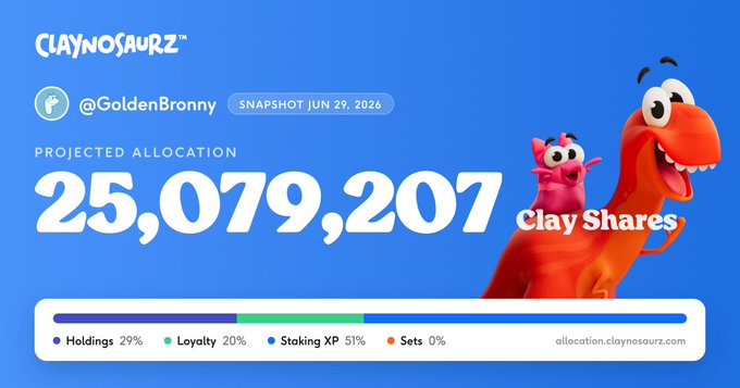 A blue screenshot from Claynosaurz showing the username @GoldenBronny with a projected allocation of 25,079,207 Clay Shares, broken down as Holdings 29%, Loyalty 20%, and Staking XP 51%.