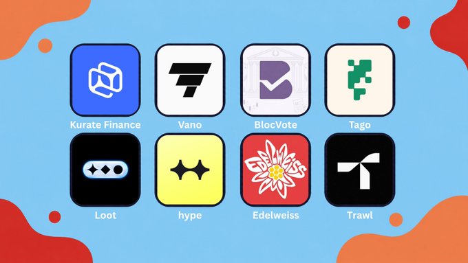 Graphic displaying eight app/project icons labeled Kurate Finance, Vano, BlocVote, Tago, Loot, hype, Edelweiss, and Trawl against a blue background.
