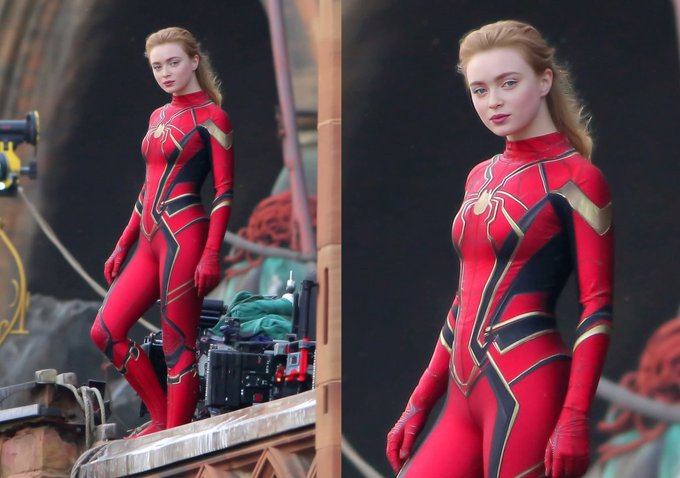 A side-by-side image of actress Sadie Sink in a red and gold Spider-Man costume, photographed on a film set.