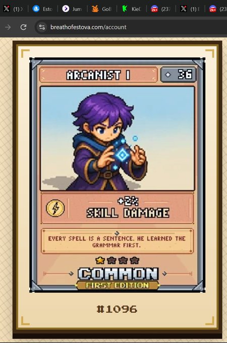 A digital trading card from breathofestova.com titled 'Arcanist I' showing a purple-haired character casting a spell, labeled 'Skill Damage' with flavor text 'Every spell is a sentence. He learned the grammar first.' It is marked as Common, First Edition, #1096.