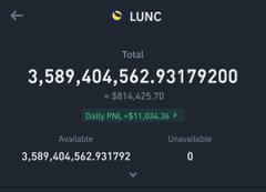 The image shows a cryptocurrency wallet balance displaying 3,589,404,562.93179200 LUNC (Terra Luna Classic) tokens, valued at approximately $814,425.70 USD with a daily gain of $11,034.36. The screenshot appears to coincide with President Trump's announcement of a regulatory framework for crypto, suggesting bullish implications for token holders like the one showcased.