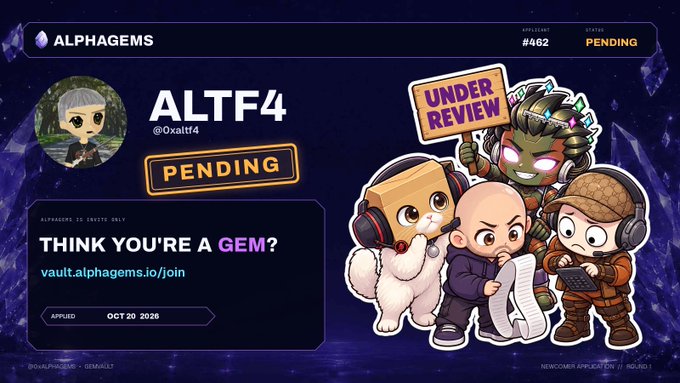 An 'ALPHAGEMS' application card for 'ALTF4' (@0xaltf4) marked as 'PENDING' with a 'THINK YOU'RE A GEM?' prompt and cartoon chibi characters.